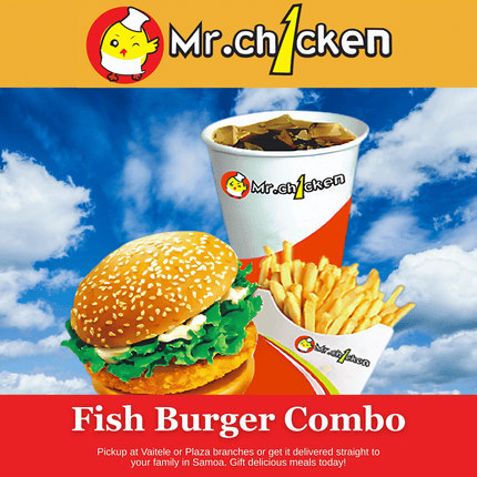 Fish Burger Combo "PICKUP FROM MR. CHICKEN PLAZA OR VAITELE"