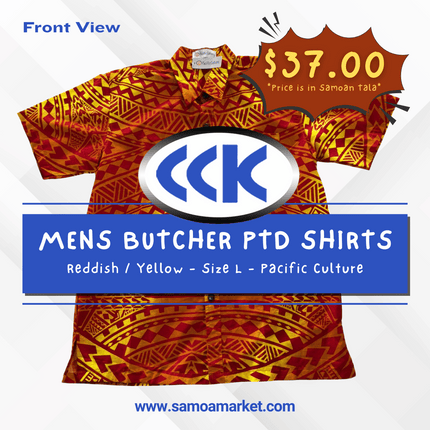 MENS BUTCHER PTD SHIRTS - Reddish / Yellow - Size L - Pacific Culture "PICKUP AT CCK CLOTHING STORE SALEUFI, VAITELE or SALELOLOGA"