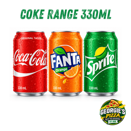 Coke Range Can 330ml (Assorted) “PICKUP FROM GEORGIES PIZZA TAUFUSI, UPOLU”