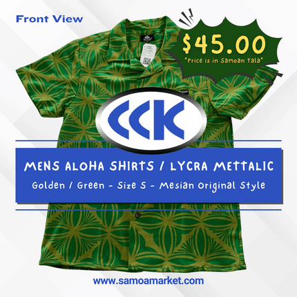 MENS ALOHA SHIRTS / LYCRA METTALIC - Golden / Green - Size S - Mesian Original Style "PICKUP AT CCK CLOTHING STORE SALEUFI, VAITELE or SALELOLOGA"