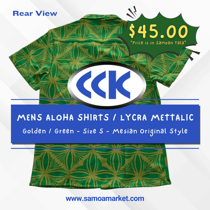 MENS ALOHA SHIRTS / LYCRA METTALIC - Golden / Green - Size S - Mesian Original Style "PICKUP AT CCK CLOTHING STORE SALEUFI, VAITELE or SALELOLOGA"