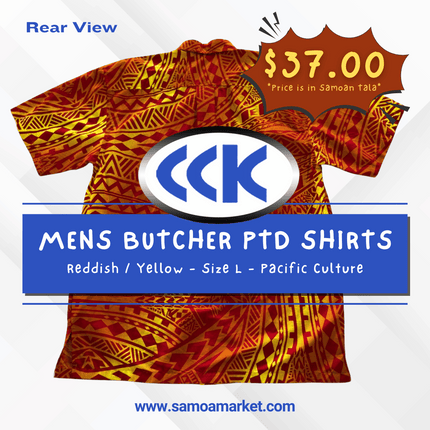 MENS BUTCHER PTD SHIRTS - Reddish / Yellow - Size L - Pacific Culture "PICKUP AT CCK CLOTHING STORE SALEUFI, VAITELE or SALELOLOGA"