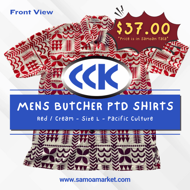 MENS BUTCHER PTD SHIRTS - Red / Cream - Size L - Pacific Culture "PICKUP AT CCK CLOTHING STORE SALEUFI, VAITELE or SALELOLOGA"