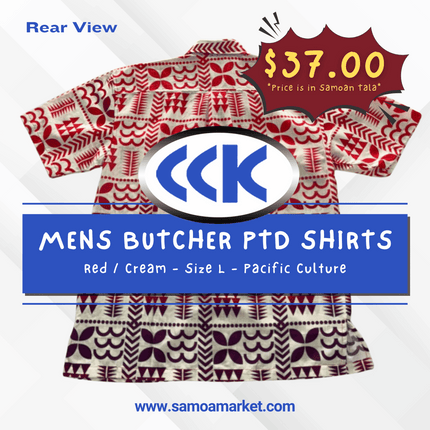 MENS BUTCHER PTD SHIRTS - Red / Cream - Size L - Pacific Culture "PICKUP AT CCK CLOTHING STORE SALEUFI, VAITELE or SALELOLOGA"
