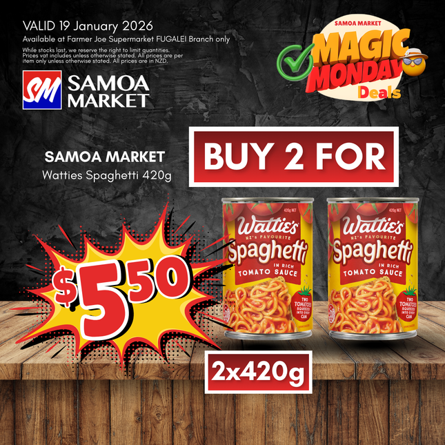 MAGIC MONDAY! 2xWatties Spaghetti 420g - "PICKUP FROM FARMER JOE SUPERMARKET FUGALEI ONLY"