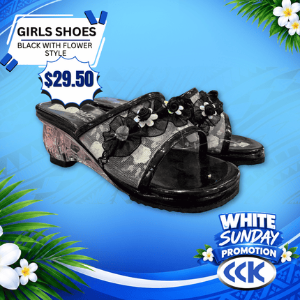 Girls Shoes (Black with Flower Style) "PICKUP AT CCK CLOTHING STORE SALEUFI, VAITELE or SALELOLOGA"