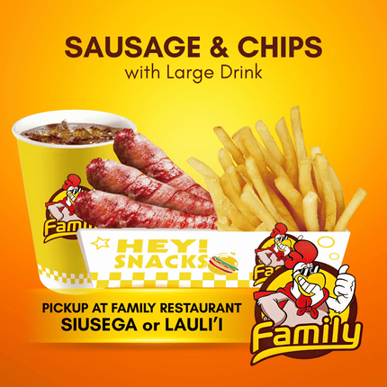 Sausage and Chips with Large Drink (PICK UP FROM FAMILY RESTAURANT SIUSEGA OR LAULI'I ONLY)