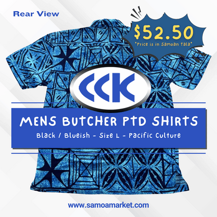 MENS BUTCHER PTD SHIRTS - Black / Blueish - Size L - Pacific Culture "PICKUP AT CCK CLOTHING STORE SALEUFI, VAITELE or SALELOLOGA"