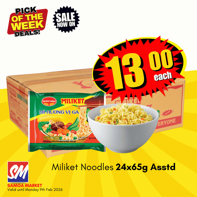 Miliket Packet Noodles Box of 65g 24PACK Assorted "PICKUP FROM AH LIKI WHOLESALE"