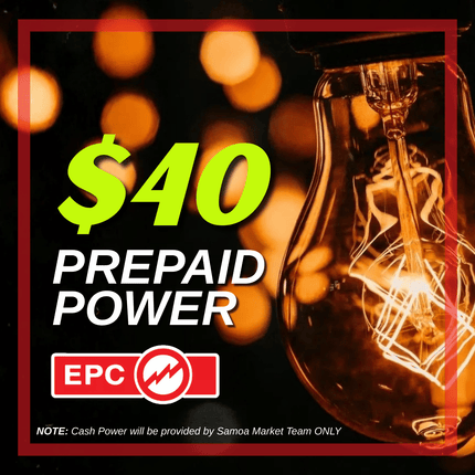 Prepaid Power Voucher - $40 Tala - Must provide Meter Number + Reg. Name to avoid delays (Supplied by Samoamarket.com, Mon-Fri 8am-4.30pm, Sat 8am-12pm (Closed Sundays & Public Holidays)