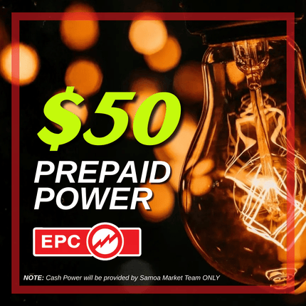 Prepaid Power Voucher - $50 Tala - Must provide Meter Number + Reg. Name to avoid delays (Supplied by Samoamarket.com, Mon-Fri 8am-4.30pm, Sat 8am-12pm (Closed Sundays & Public Holidays)
