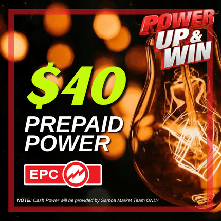 Prepaid Power Voucher - $40 Tala - Must provide Meter Number + Reg. Name to avoid delays (Supplied by Samoamarket.com, Mon-Fri 8am-4.30pm, Sat 8am-12pm (Closed Sundays & Public Holidays)