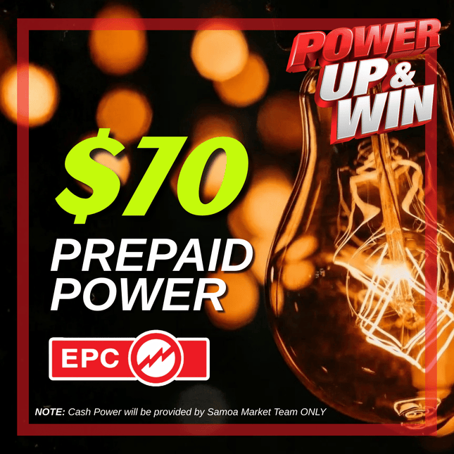 Prepaid Power Voucher - $70 Tala - Must provide Meter Number + Reg. Name to avoid delays (Supplied by Samoamarket.com, Mon-Fri 8am-4.30pm, Sat 8am-12pm (Closed Sundays & Public Holidays)