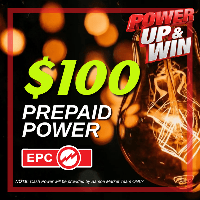 Prepaid Power Voucher - $100 Tala - Must provide Meter Number + Reg. Name to avoid delays (Supplied by Samoamarket.com, Mon-Fri 8am-4.30pm, Sat 8am-12pm (Closed Sundays & Public Holidays)