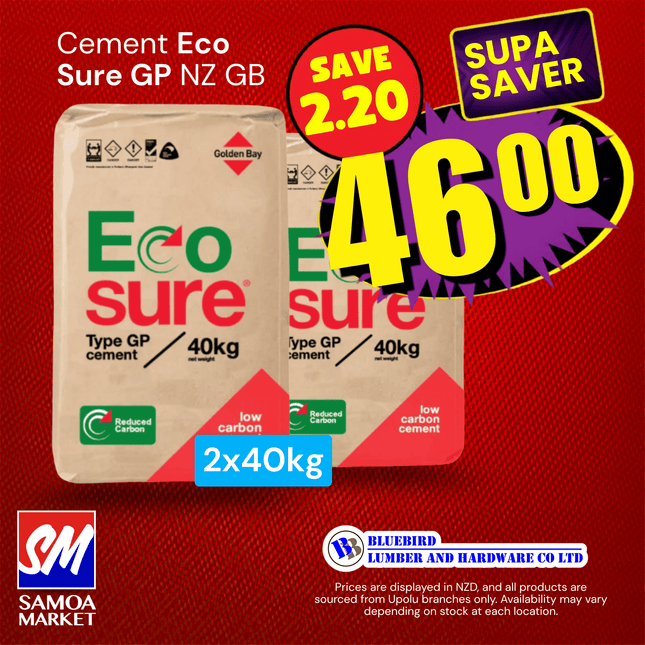 SUPASAVER! 2 x Cement Eco Sure GP NZ 40kg GB - "PICKUP FROM BLUEBIRD LUMBER & HARDWARE UPOLU ONLY"