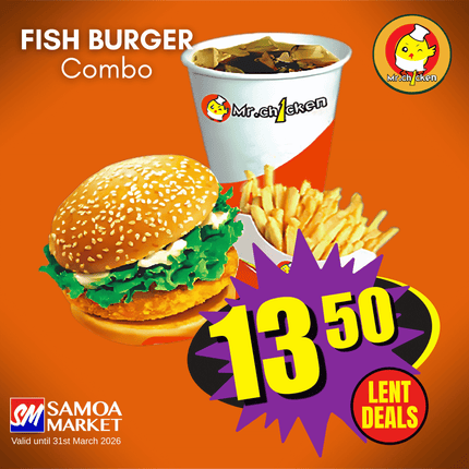LENT DEALS! Fish Burger Combo "PICKUP FROM MR. CHICKEN PLAZA OR VAITELE"