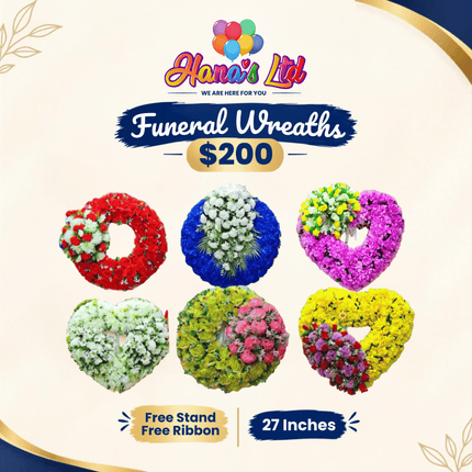 Funeral Wreath: 27 inch (FREE STAND / FREE RIBBON) "PICK UP AT HANA'S LIMITED TAUFUSI"