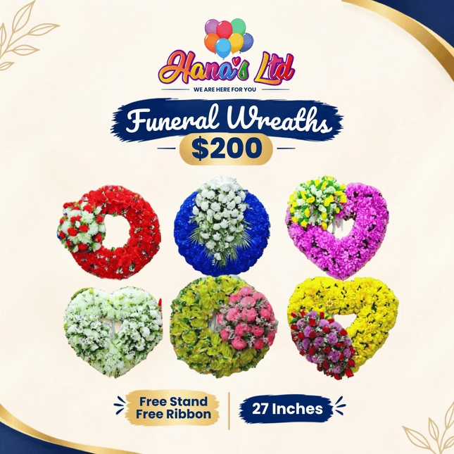 Funeral Wreath: 27 inch (FREE STAND / FREE RIBBON) "PICK UP AT HANA'S LIMITED TAUFUSI"
