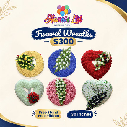 Funeral Wreath: 30 inch (FREE STAND / FREE RIBBON) "PICK UP AT HANA'S LIMITED TAUFUSI"