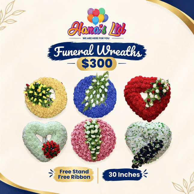 Funeral Wreath: 30 inch (FREE STAND / FREE RIBBON) "PICK UP AT HANA'S LIMITED TAUFUSI"