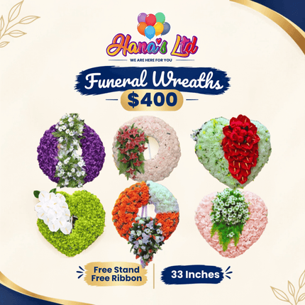 Funeral Wreath: 33 inch (FREE STAND / FREE RIBBON) "PICK UP AT HANA'S LIMITED TAUFUSI"
