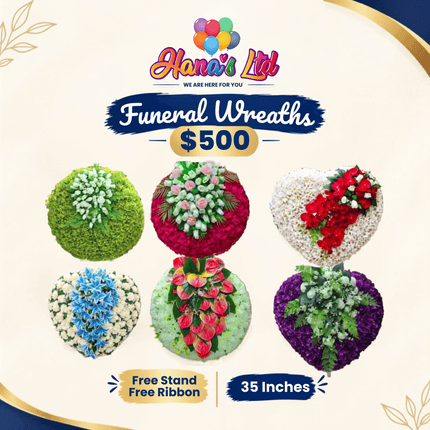 Funeral Wreath: 35 inch (FREE STAND / FREE RIBBON) "PICK UP AT HANA'S LIMITED TAUFUSI"