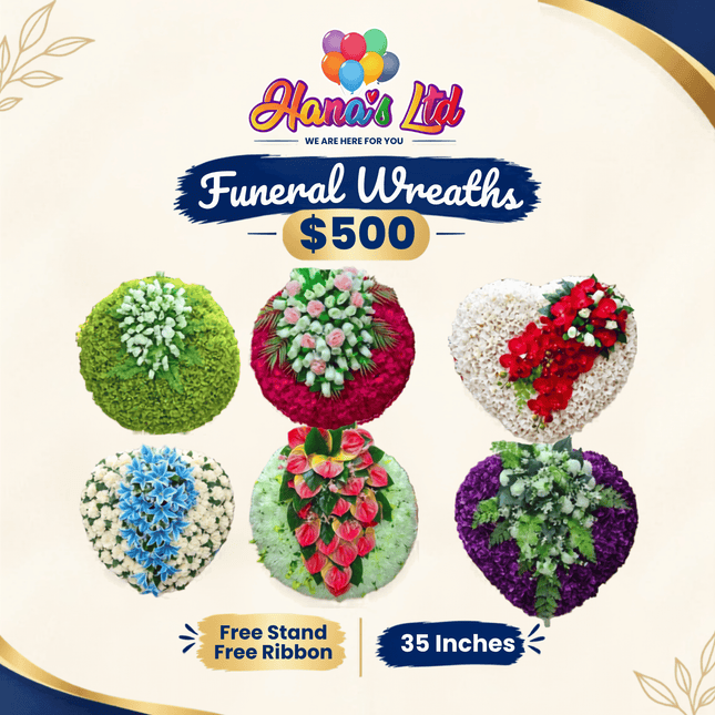 Funeral Wreath: 35 inch (FREE STAND / FREE RIBBON) "PICK UP AT HANA'S LIMITED TAUFUSI"