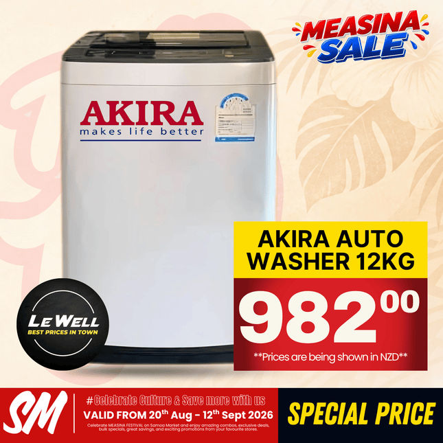 TOP 10 SPECIAL! Akira Washer Auto 12kg (PICK UP FROM LE WELL COMPANY SAVALALO ONLY)