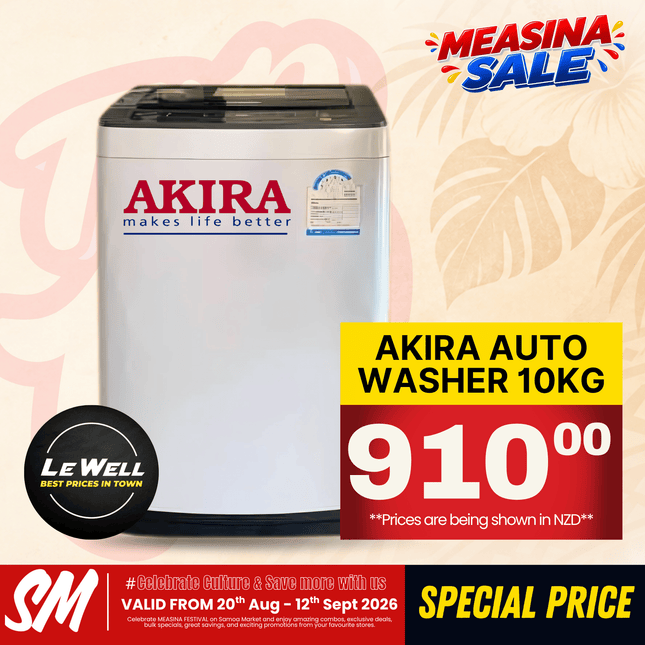TOP 10 SPECIAL! Akira Washer Auto 10kg (PICK UP FROM LE WELL COMPANY SAVALALO ONLY)