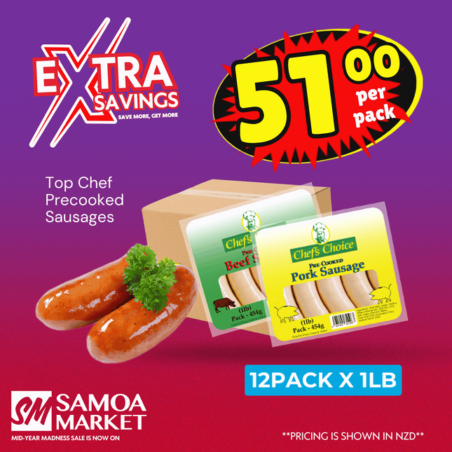 EXTRA SAVE! Top Chef Pre Cooked Sausages 12 x 1lb "PICKUP FROM AH LIKI WHOLESALE"