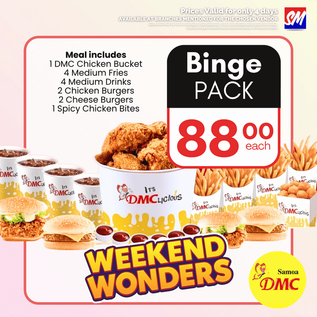 WEEKEND WONDER! Binge Pack Meal "PICKUP FROM DMC UPOLU VAITELE, VAILOA, FUGALEI, PLAZA, LOTOPA AND MOTOOTUA"