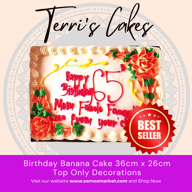 Birthday Banana Cake 36cm x 26cm Top Only Decor from Terri's Cakes (24HRS NOTICE REQUIRED, PICKUP UPOLU ONLY)