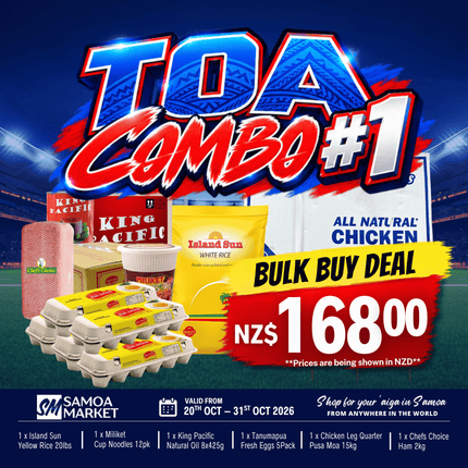TOA COMBO #1 [1 x Island Sun Yellow 20lbs, 1 x Miliket Cup Noodles 12x60-65g, 1 x King Pacific Natural Oil 8x425g, 1 x Tanumapua Fresh Eggs 5Pack, 1 x Chicken Leg Quarter Pusa Moa 15kg, 1 x Chefs Choice Ham 2kg]