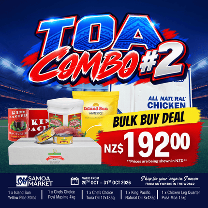 TOA COMBO #2 [1 x Island Sun Yellow 20lbs, 1 x Chefs Choice Povi Masima 4kg, 1 x Chicken Leg Quarter Pusa Moa 15kg, 1 x Chefs Choice Tuna Oil 12x185g, 1 x King Pacific Natural Oil 8x425g]