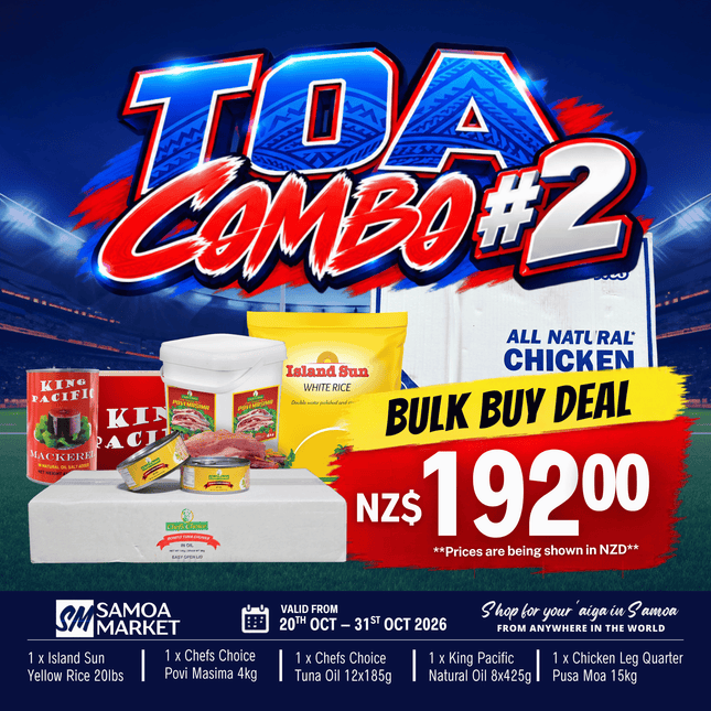 TOA COMBO #2 [1 x Island Sun Yellow 20lbs, 1 x Chefs Choice Povi Masima 4kg, 1 x Chicken Leg Quarter Pusa Moa 15kg, 1 x Chefs Choice Tuna Oil 12x185g, 1 x King Pacific Natural Oil 8x425g]