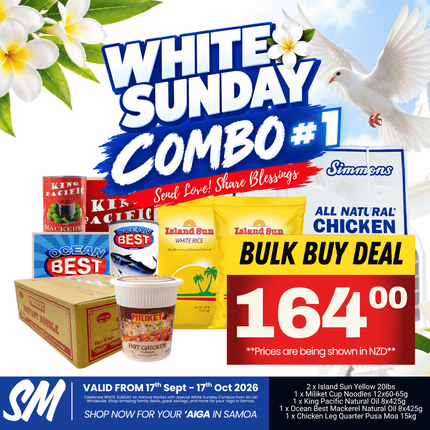 WHITE SUNDAY COMBO #1 [2 x Island Sun Yellow 20lbs, 1 x Miliket Cup Noodles 12x60-65g, 1 x King Pacific Natural Oil 8x425g, 1 x Ocean Best Mackerel Natural Oil 8x425g, 1 x Chicken Leg Quarter Pusa Moa 15kg]