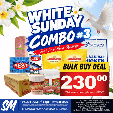 WHITE SUNDAY COMBO #3 [2 x Island Sun Yellow 20lbs, 1 x Chicken Leg Quarter Pusa Moa 15kg, 1 x Miliket Cup Noodles 12x60-65g, 1 x Chefs Choice Povi Masima 4kg, 1 x Chefs Choice Ham 4kg, 1 x Ocean Best Mackerel Natural Oil 8x425g]
