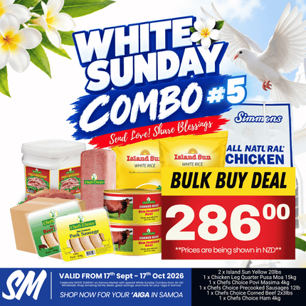 WHITE SUNDAY COMBO #5 [2 x Island Sun Yellow 20lbs, 1 x Chicken Leg Quarter Pusa Moa 15kg, 1 x Chefs Choice Povi Masima 4kg, 1 x Chefs Choice Precooked Sausages 12lb, 1 x Chefs Choice Corned Beef 2x3lbs, 1 x Chefs Choice Ham 4kg]