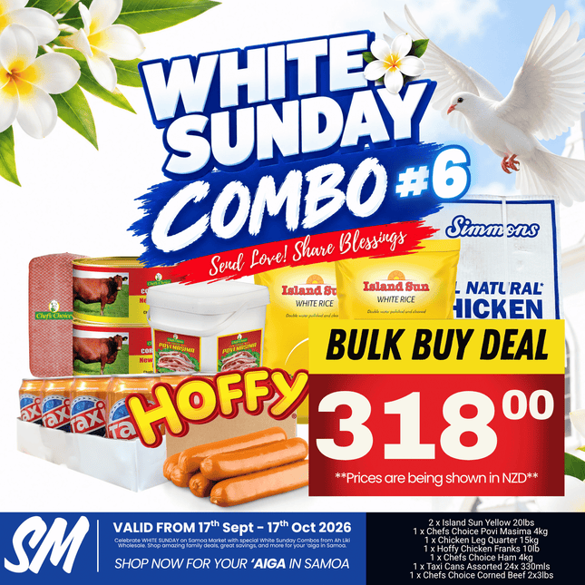 WHITE SUNDAY COMBO #6 [2 x Island Sun Yellow 20lbs, 1 x Chefs Choice Povi Masima 4kg, 1 x Chicken Leg Quarter 15kg, 1 x Hoffy Chicken Franks 10lb, 1 x Chefs Choice Ham 4kg, 1 x Taxi Cans Assorted 24x 330mls, 1 x Chefs Choice Corned Beef 2x3lbs]