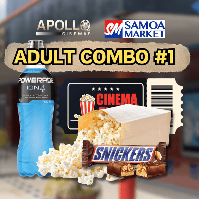 Adult Combo #1 - "1 X ADULT TICKET, 1 X SNICKERS, 1 X LGE POPCORN, 1 X POWERADE" - Samoamarket.com