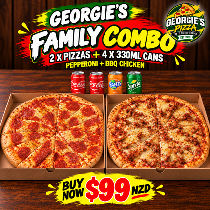 NEW! Georgies Family Combo - 1 x Lge Pepperoni, 1 x Lge BBQ Chicken, 4 x Cans Coke Range “PICKUP FROM GEORGIES PIZZA TAUFUSI, UPOLU”