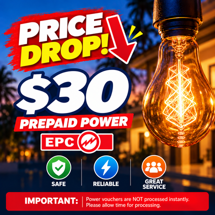 Prepaid Power Voucher - $30 Tala - Must provide Meter Number + Reg. Name to avoid delays (Supplied by Samoamarket.com, Mon-Fri 8am-4.30pm, Sat 8am-12pm (Closed Sundays & Public Holidays)