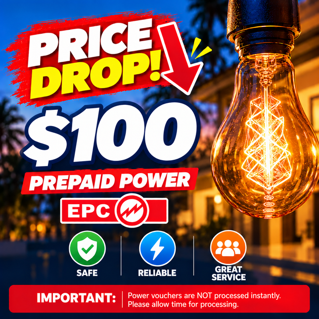 Prepaid Power Voucher - $100 Tala - Must provide Meter Number + Reg. Name to avoid delays (Supplied by Samoamarket.com, Mon-Fri 8am-4.30pm, Sat 8am-12pm (Closed Sundays & Public Holidays)