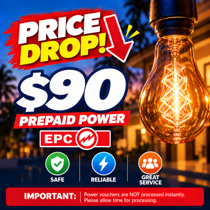 Prepaid Power Voucher - $90 Tala - Must provide Meter Number + Reg. Name to avoid delays (Supplied by Samoamarket.com, Mon-Fri 8am-4.30pm, Sat 8am-12pm (Closed Sundays & Public Holidays)