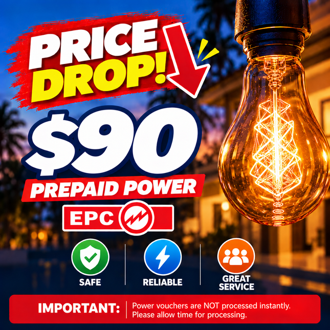 Prepaid Power Voucher - $90 Tala - Must provide Meter Number + Reg. Name to avoid delays (Supplied by Samoamarket.com, Mon-Fri 8am-4.30pm, Sat 8am-12pm (Closed Sundays & Public Holidays)