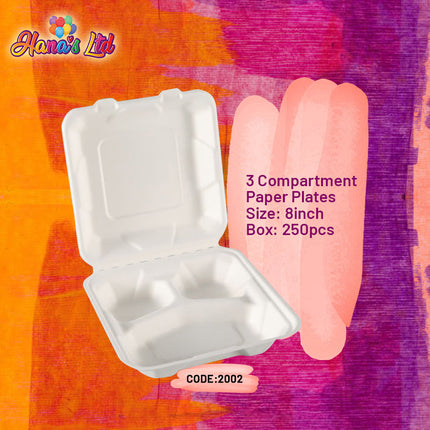 3 Compartments Paper Plates 8inch Box:250pcs "PICK UP AT HANA'S LIMITED TAUFUSI" Faalavelave Hana's Limited 