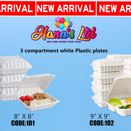 8" By 8" By 150Pcs 3 Compartment White Plastic Plates (CODE: 101) "PICK UP AT HANA'S LIMITED TAUFUSI" - Samoamarket.com