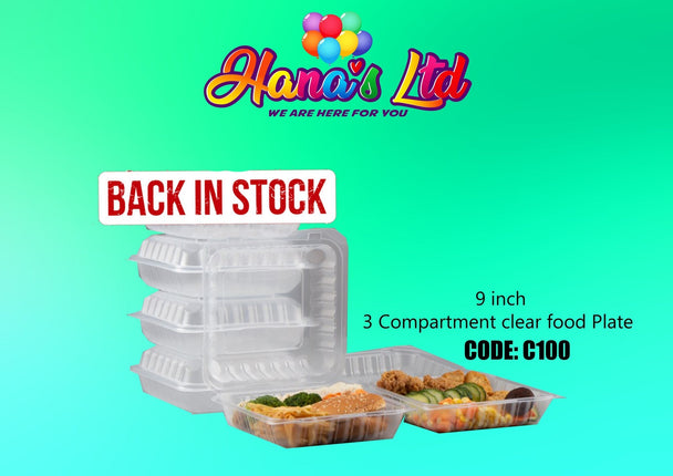 9" * 9" 3 Compartment Clear Plastic Plates (CODE: C100) "PICK UP AT HANA'S LIMITED TAUFUSI" - Samoamarket.com