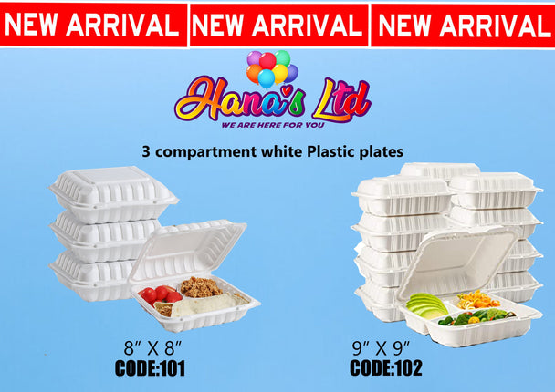 9" By 9" By 150Pcs 3 Compartment White Plastic Plates (CODE: 102) "PICK UP AT HANA'S LIMITED TAUFUSI" Faalavelave Hana's Limited 