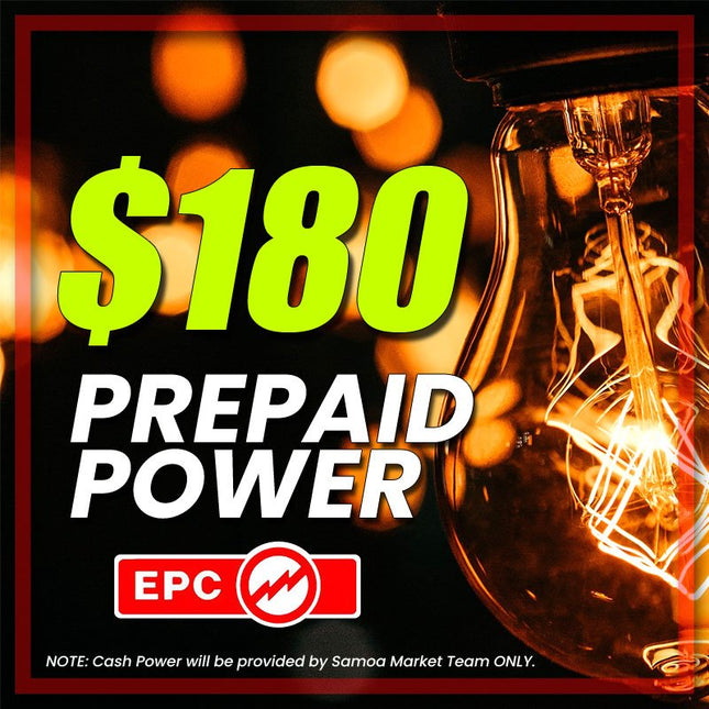 Prepaid Power Voucher - $180 Tala - Must provide Meter Number + Reg. Name to avoid delays (Supplied by Samoamarket.com, Mon - Fri 8am - 4.30pm, Sat 8am - 12pm (Closed Sundays & Public Holidays) - Samoamarket.com
